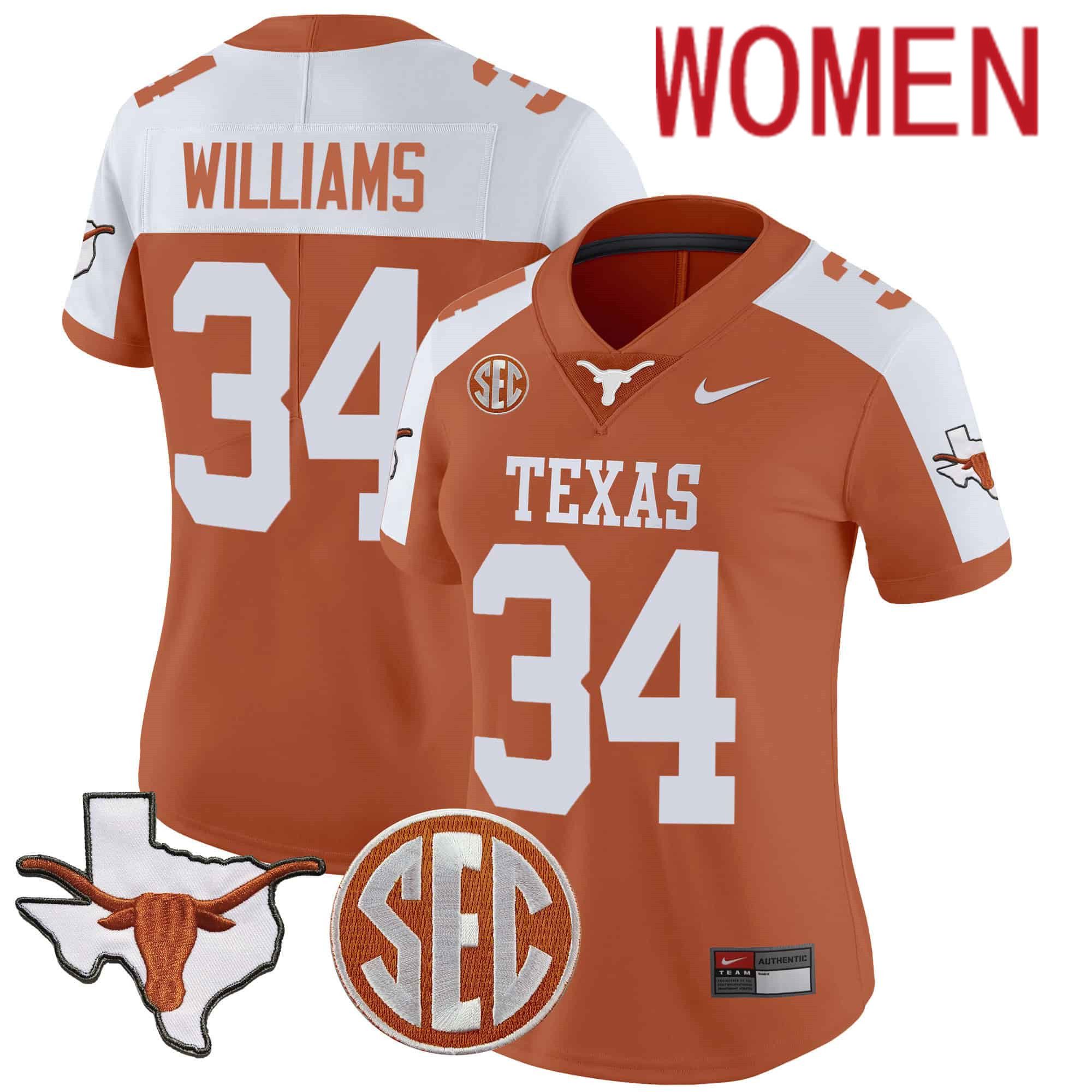 Women Texas Longhorns #34 Williams Orange 2024 Nike State Map & SEC Patch Vapor NCAA Jersey